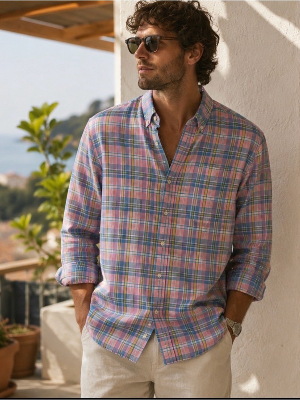 Lands’ End Pastel Plaid Stretch Button Down Shirt Preppy Coastal
